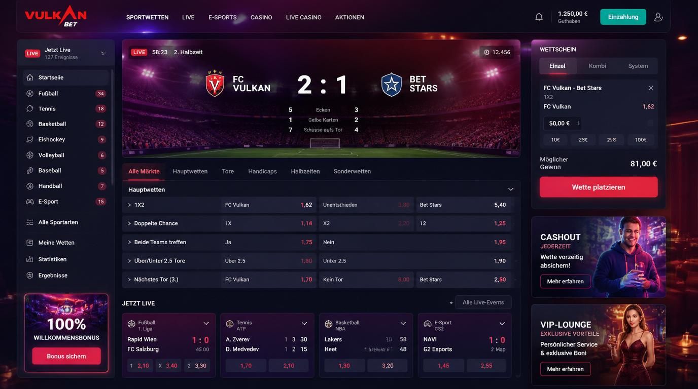 Ein Interface mit vielen Sportarten und Wettmärkten inklusive Fußball, Tennis und eSports