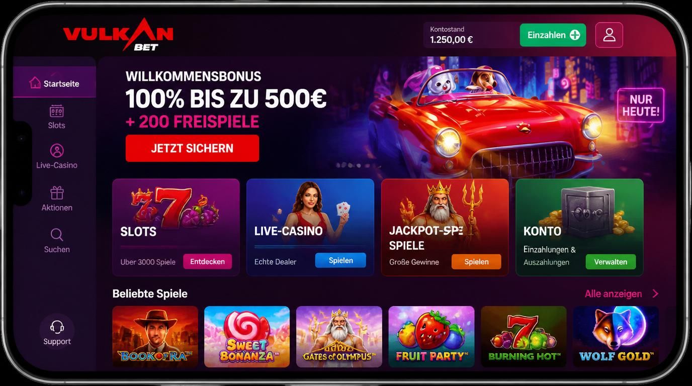 Ein Smartphone zeigt die VulkanBet App mit Slots, großen Buttons und klaren Kacheln
